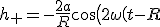 h_+ = -\frac{2a}{R} \cos\left(2\omega\left(t-R\right)\right)<br />h_\times = -\frac{2a}{R} \sin\left(2\omega\left(t-R\right)\right)